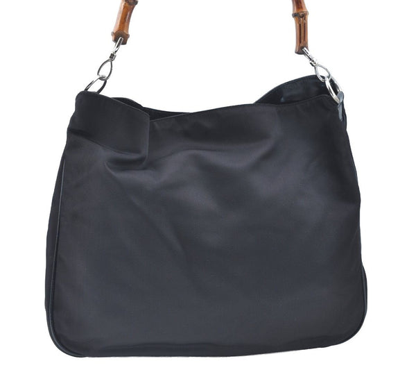 Authentic GUCCI Vintage Bamboo Shoulder Tote Bag Nylon Enamel Black K5664