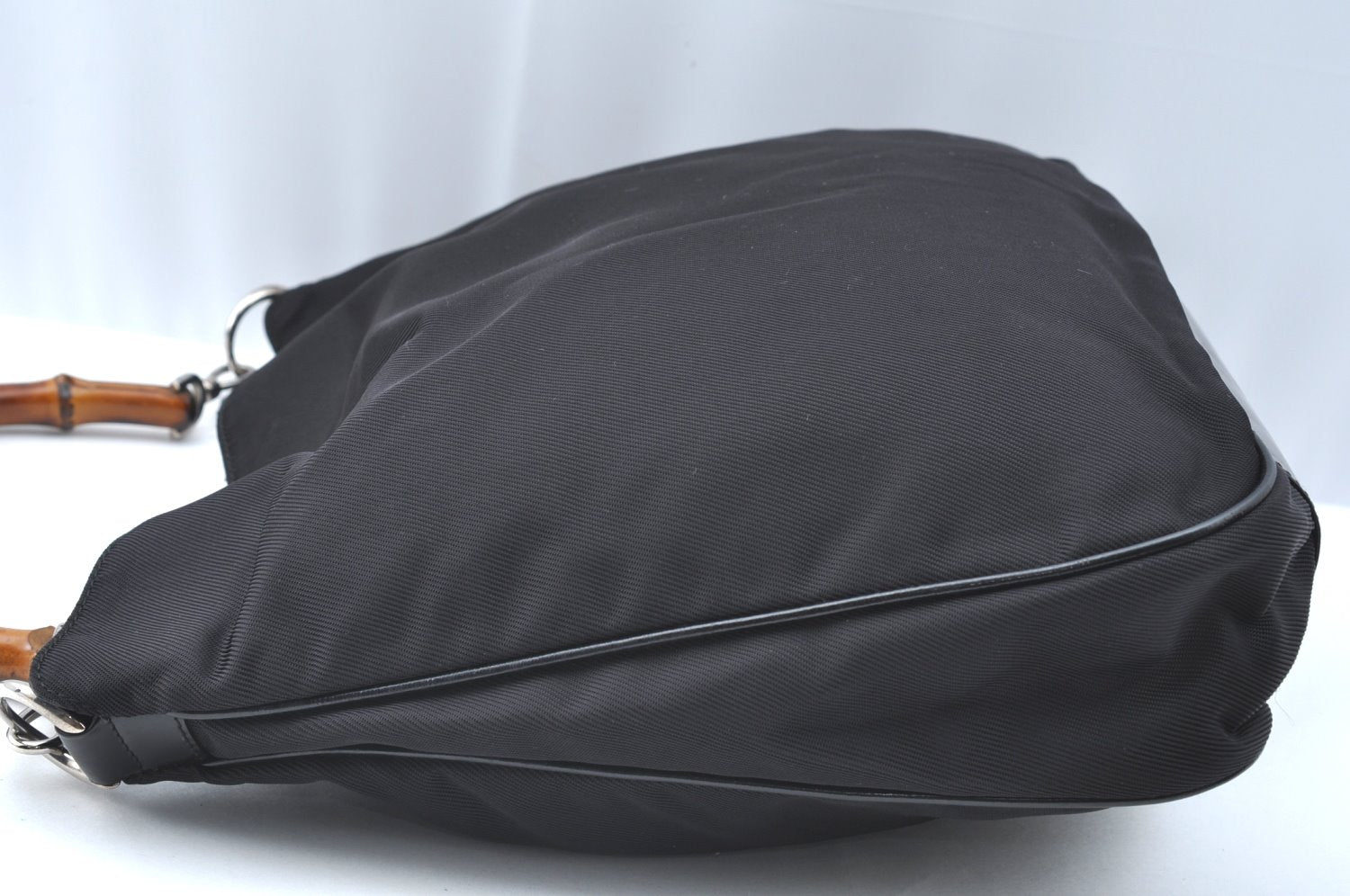 Authentic GUCCI Vintage Bamboo Shoulder Tote Bag Nylon Enamel Black K5664