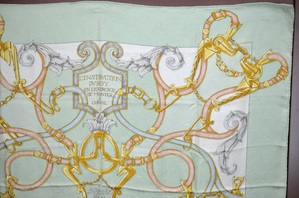 Authentic HERMES Carre 90 Scarf "L'INSTRVCTION DV ROY" Silk Green K5700