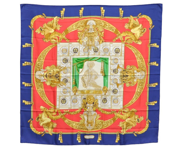 Authentic HERMES Carre 90 Scarf "HOMMAGE A CHARLES GARNIER" Silk Navy Blue K5718