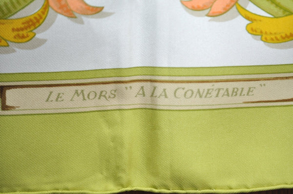 Authentic HERMES Carre 90 Scarf "LE MORS A LA CONETABLE" Silk Green Box K5729