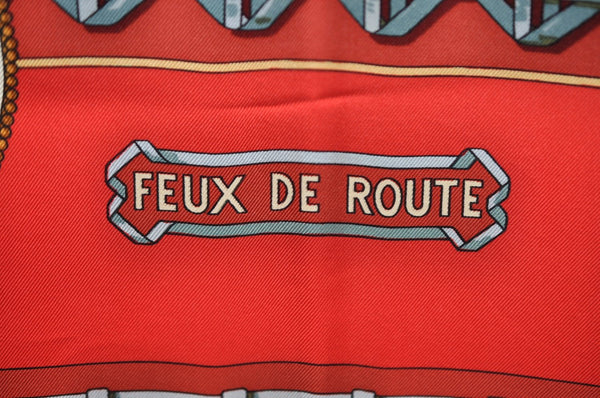 Authentic HERMES Carre 90 Scarf "FEUX DE ROUTE" Silk Red K5731