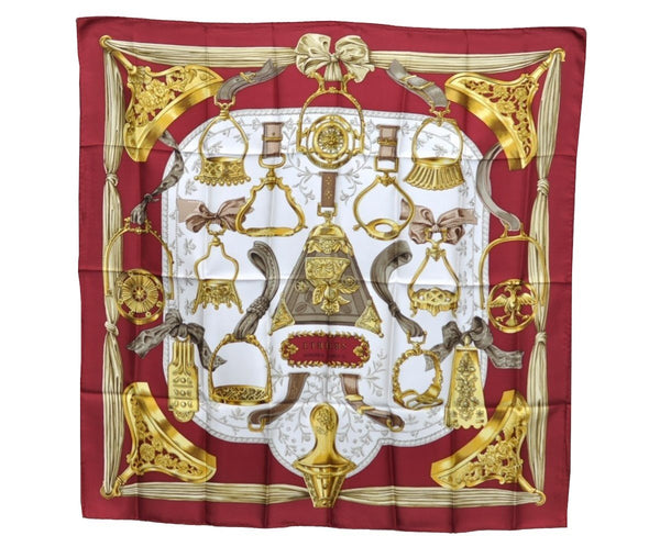 Authentic HERMES Carre 90 Scarf "ETRIERS" Silk Bordeaux Red K5742