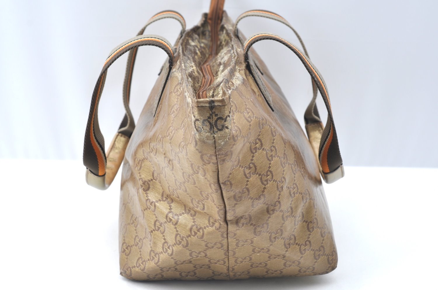 Authentic GUCCI GG Crystal Shoulder Tote Bag PVC Leather 131230 Gold Junk K5753