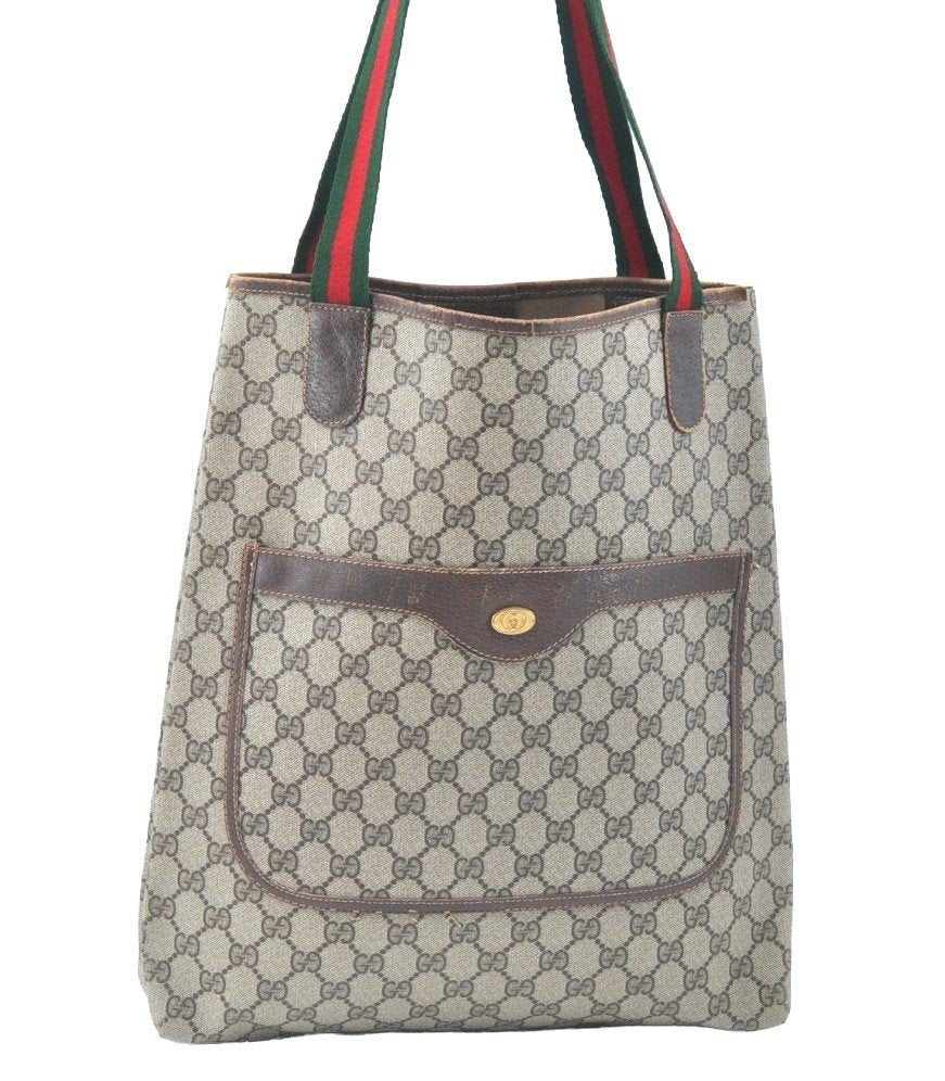 Authentic GUCCI Web Sherry Line Shoulder Tote Bag GG PVC Leather Brown K5756