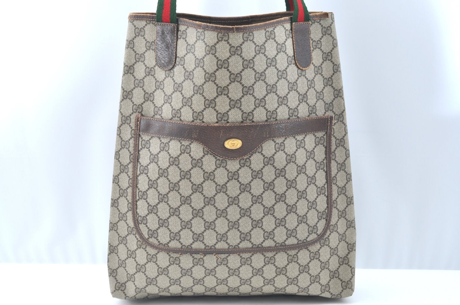 Authentic GUCCI Web Sherry Line Shoulder Tote Bag GG PVC Leather Brown K5756