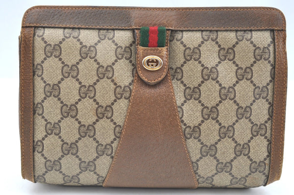 Authentic GUCCI Web Sherry Line Clutch Hand Bag Purse GG PVC Leather Brown K5758