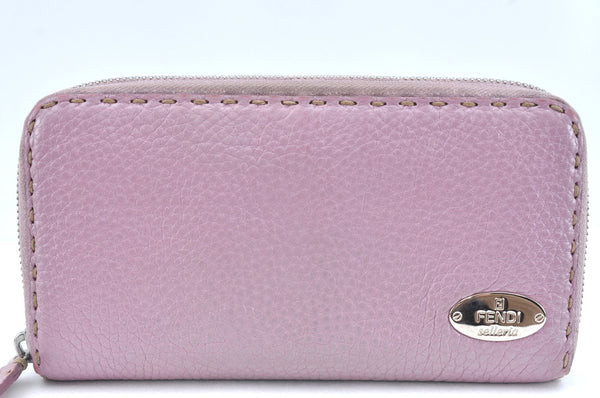 Authentic FENDI Selleria Round Zip Long Wallet Purse Leather Pink K5763