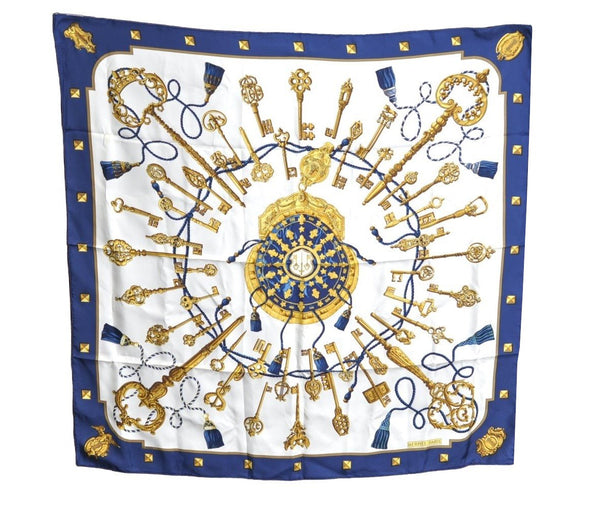 Authentic HERMES Carre 90 Scarf "LES CLES" Silk Navy K5764