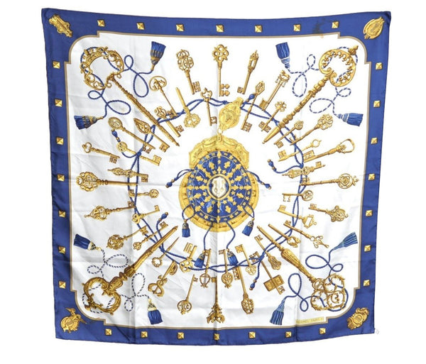 Authentic HERMES Carre 90 Scarf "LES CLES" Silk Blue K5765