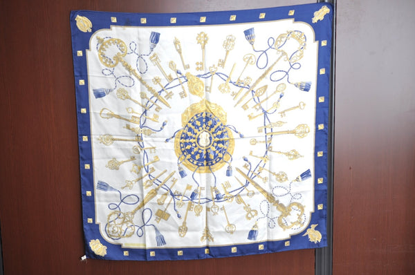 Authentic HERMES Carre 90 Scarf "LES CLES" Silk Blue K5765