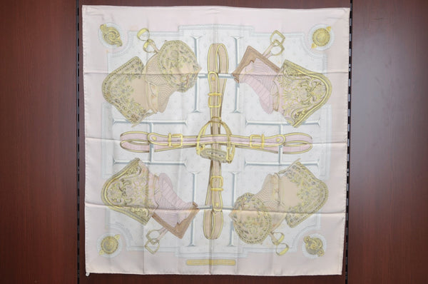 Authentic HERMES Carre 90 Scarf "SELLES A HOUSSE" Silk Light Pink K5767