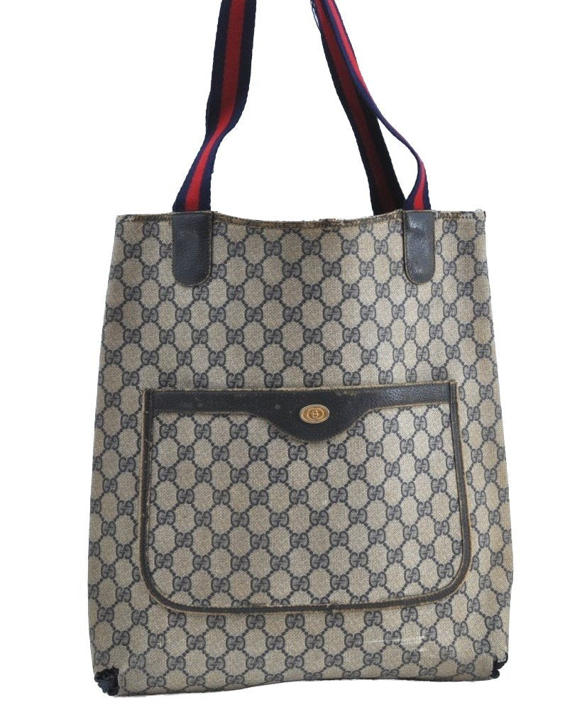 Authentic GUCCI Vintage Sherry Line Shoulder Tote Bag GG PVC Leather Navy K5787