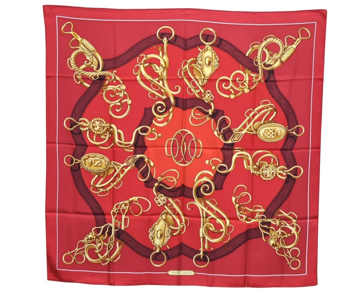 Authentic HERMES Carre 90 Scarf Crest Emblem Motif Silk Red K5799