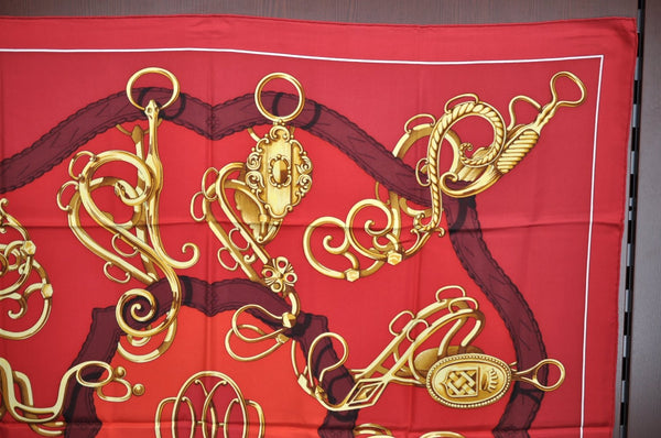 Authentic HERMES Carre 90 Scarf Crest Emblem Motif Silk Red K5799