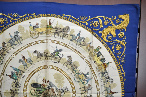 Authentic HERMES Carre 90 Scarf "LA Promenade De Longchamps" Silk Blue K5800