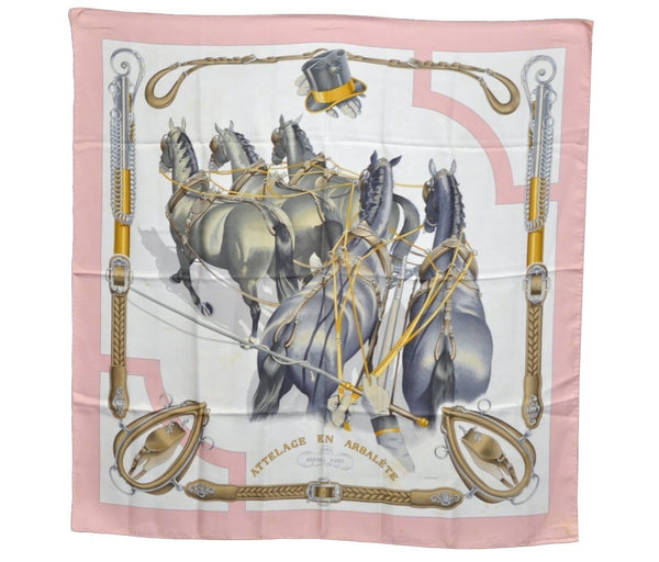 Authentic HERMES Carre 90 Scarf "attelage en Arbalete" Silk Pink K5801