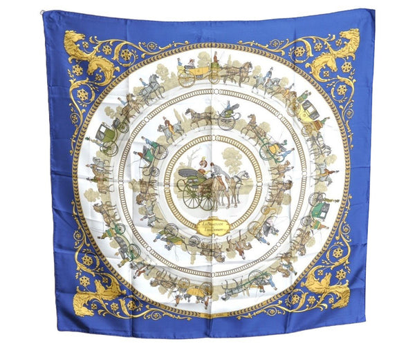 Authentic HERMES Carre 90 Scarf "LA PROMENADE DE LONGCHAMPS" Silk Blue K5803