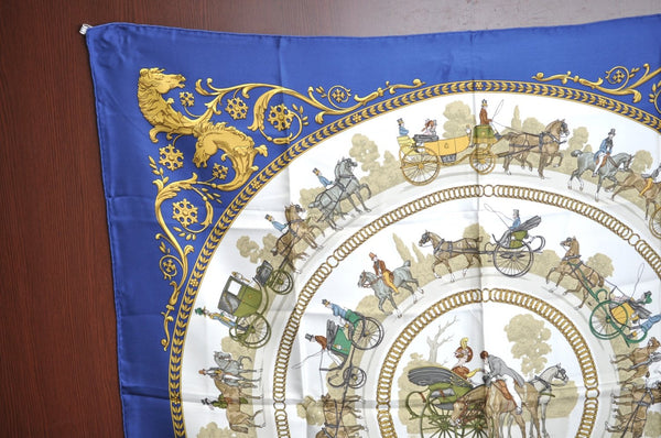 Authentic HERMES Carre 90 Scarf "LA PROMENADE DE LONGCHAMPS" Silk Blue K5803