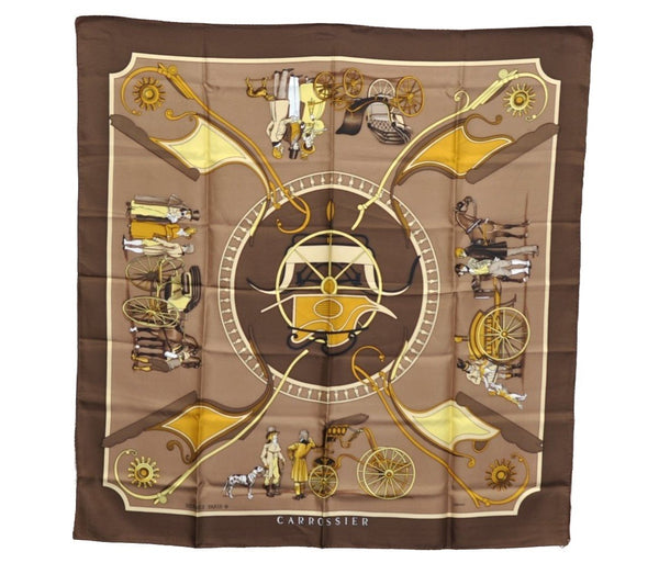 Authentic HERMES Carre 90 Scarf "CARROSSIE" Silk Brown K5808