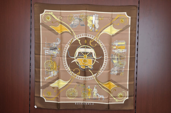 Authentic HERMES Carre 90 Scarf "CARROSSIE" Silk Brown K5808