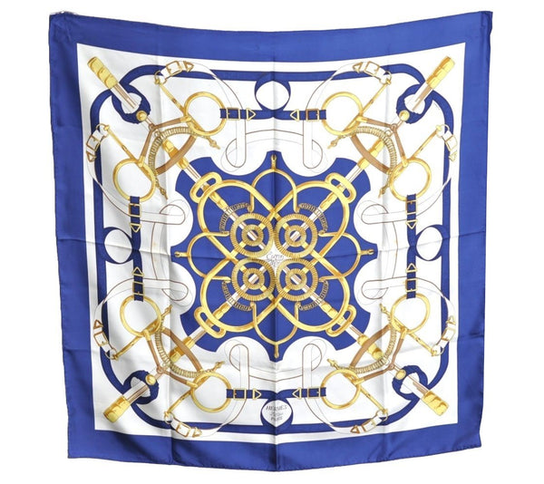 Authentic HERMES Carre 90 Scarf "Eperon d'or" Silk Blue K5812