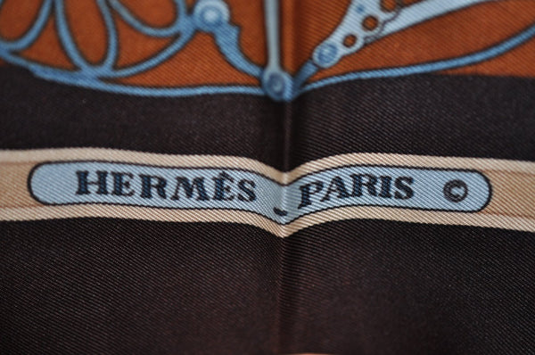 Authentic HERMES Carre 90 Scarf "LES MUSEROLLES" Silk Brown K5815