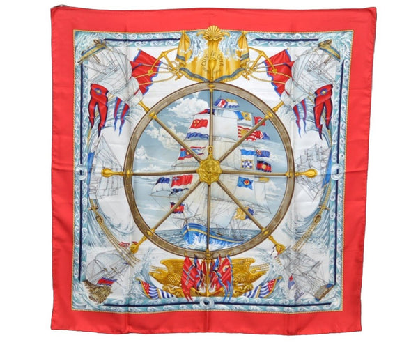 Authentic HERMES Carre 90 Scarf "Vive le vent" Silk Red K5817