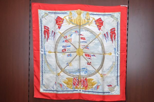 Authentic HERMES Carre 90 Scarf "Vive le vent" Silk Red K5817