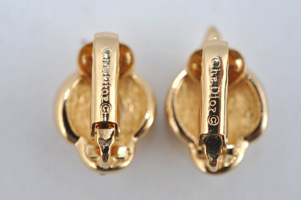 Authentic Christian Dior Rhinestone Clip-On Earrings Gold Plating CD K5825