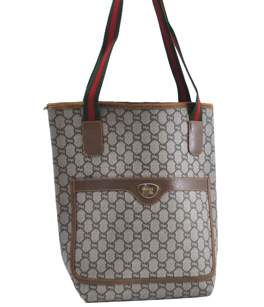 Authentic GUCCI Web Sherry Line GG Plus Tote Bag PVC Leather Brown K5848