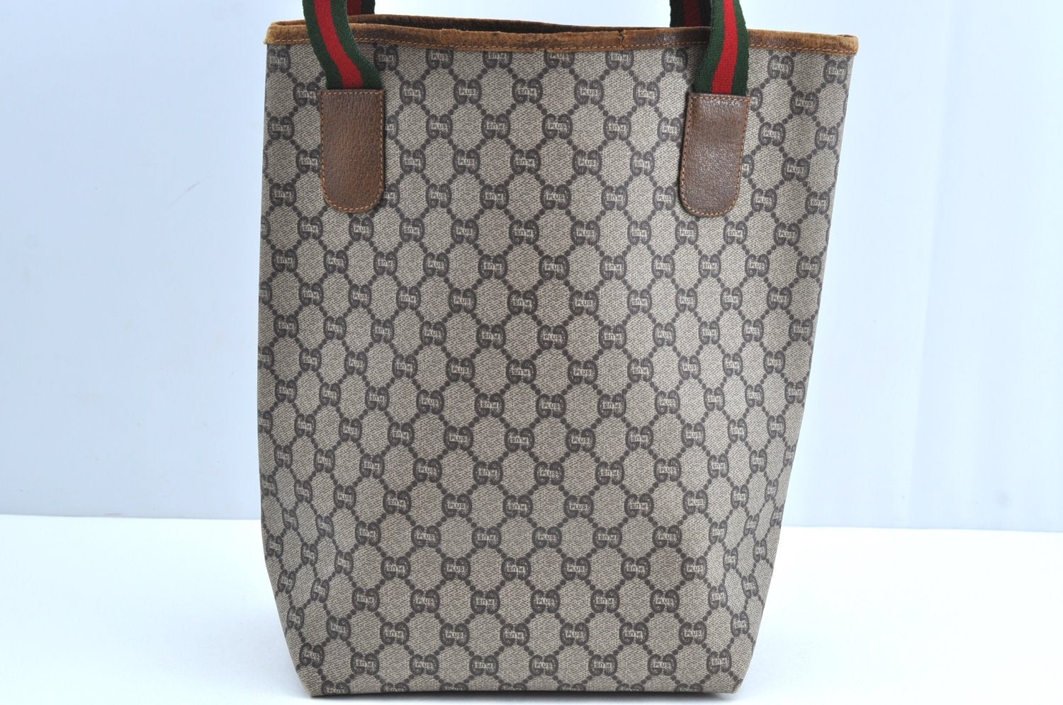 Authentic GUCCI Web Sherry Line GG Plus Tote Bag PVC Leather Brown K5848