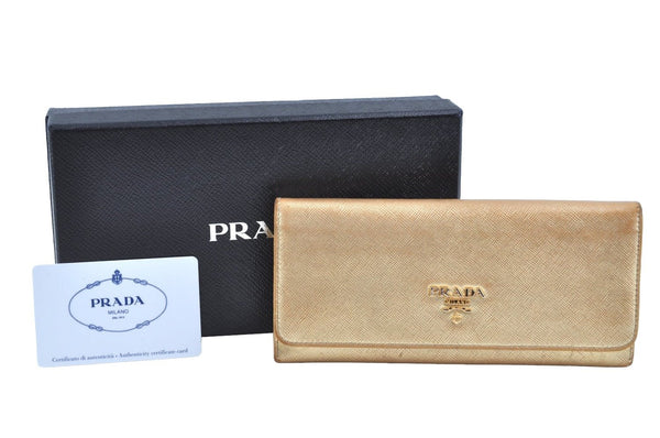 Authentic PRADA Saffiano Metal Leather Long Wallet Purse 1ML183 Gold Box K5892