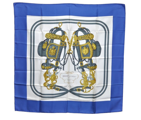 Authentic HERMES Carre 90 Scarf "BRIDES de GALA par" Silk Blue K5899