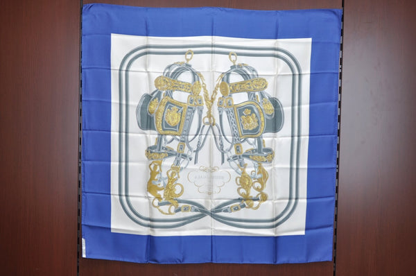 Authentic HERMES Carre 90 Scarf "BRIDES de GALA par" Silk Blue K5899