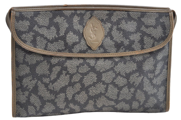 Authentic YVES SAINT LAURENT Clutch Hand Bag Purse PVC Leather Gray K5941