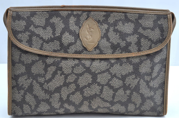 Authentic YVES SAINT LAURENT Clutch Hand Bag Purse PVC Leather Gray K5941