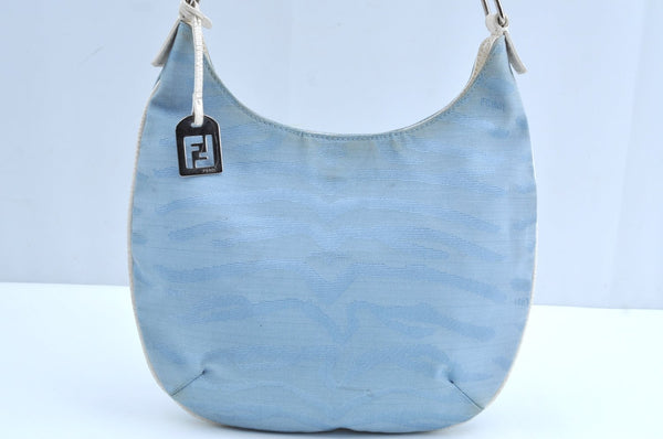 Authentic FENDI Tiger Motif Hand Shoulder Bag Canvas Leather Light Blue K5970