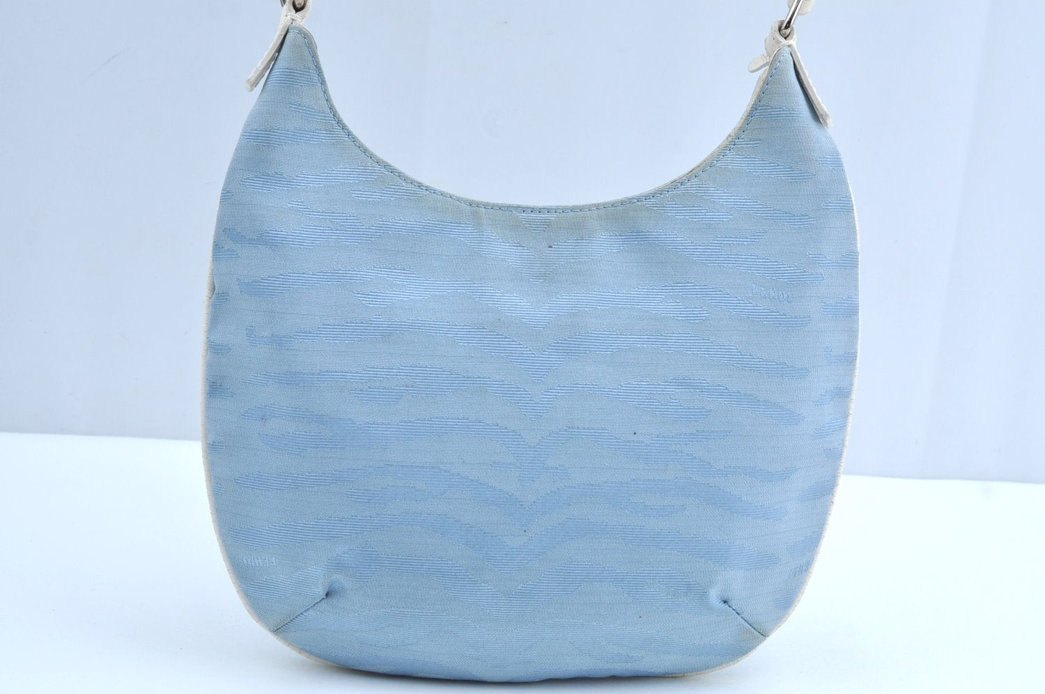 Authentic FENDI Tiger Motif Hand Shoulder Bag Canvas Leather Light Blue K5970