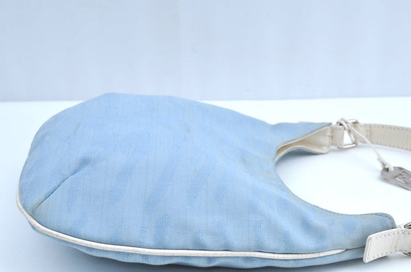 Authentic FENDI Tiger Motif Hand Shoulder Bag Canvas Leather Light Blue K5970