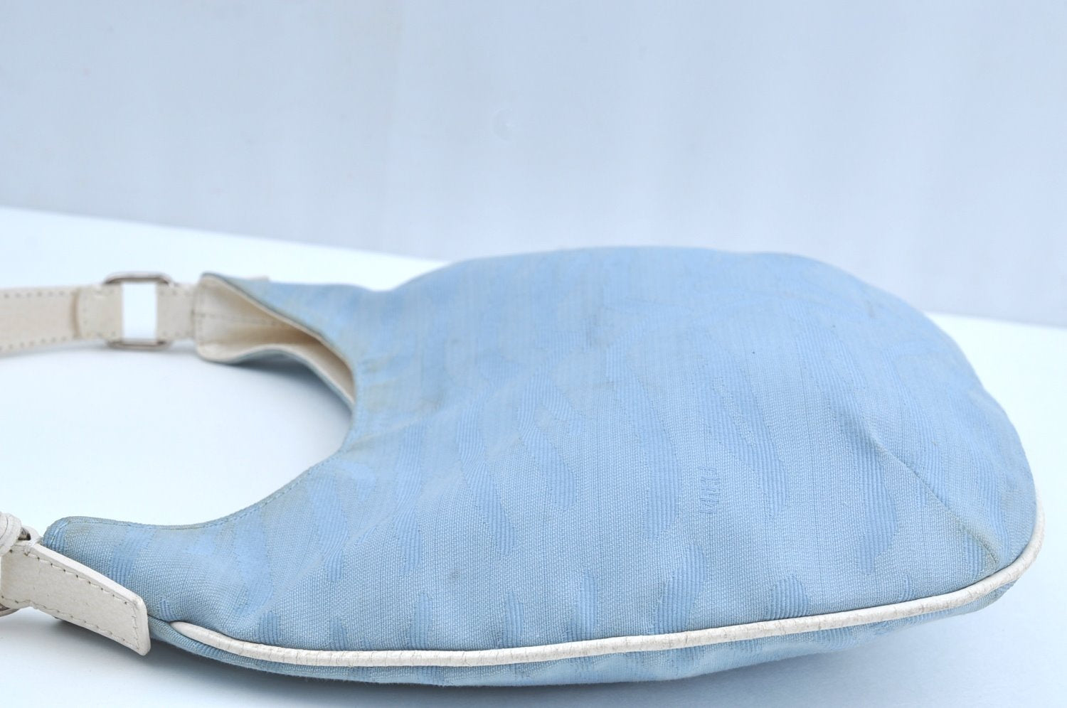 Authentic FENDI Tiger Motif Hand Shoulder Bag Canvas Leather Light Blue K5970