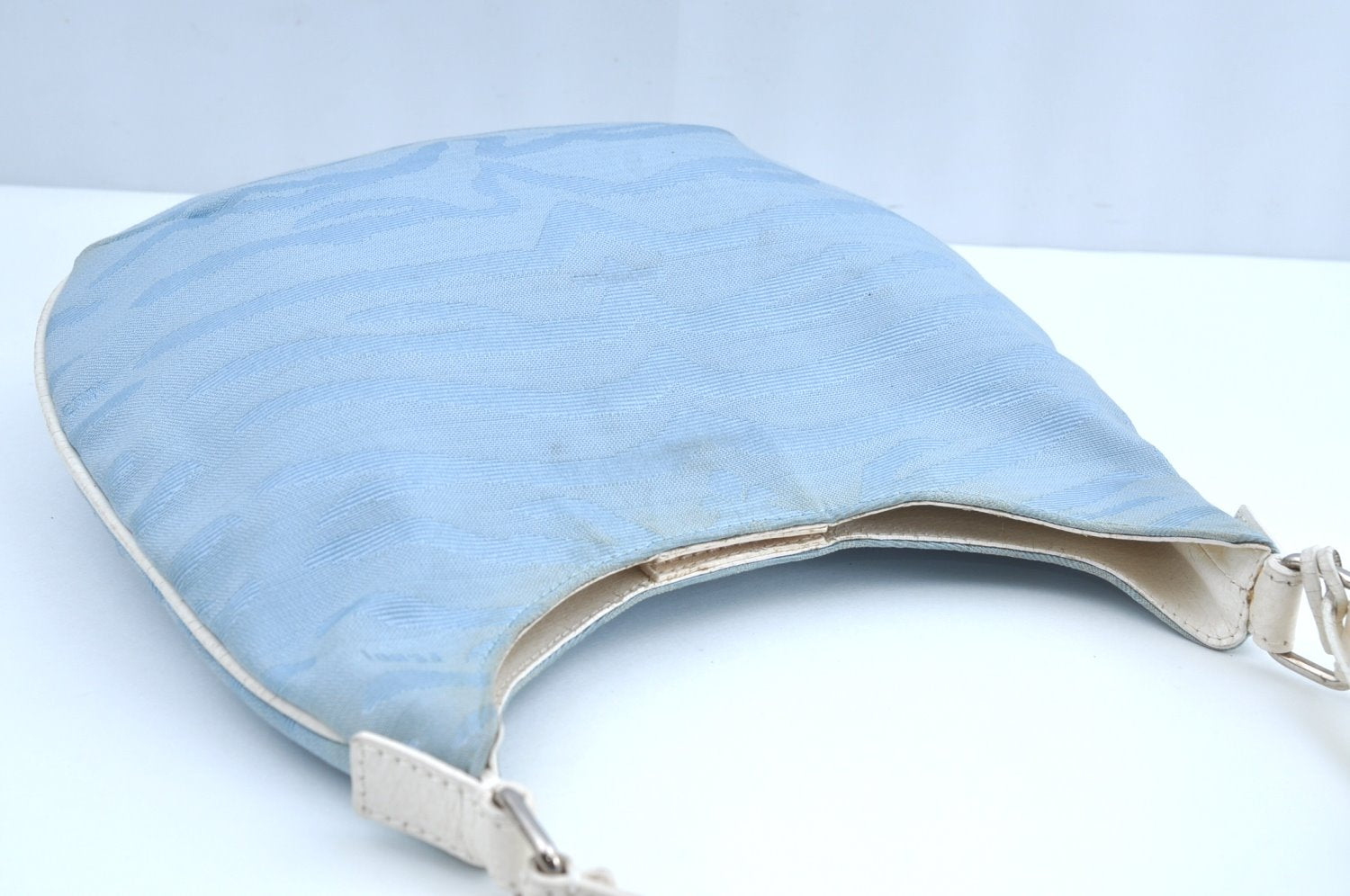 Authentic FENDI Tiger Motif Hand Shoulder Bag Canvas Leather Light Blue K5970