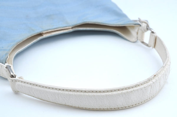 Authentic FENDI Tiger Motif Hand Shoulder Bag Canvas Leather Light Blue K5970