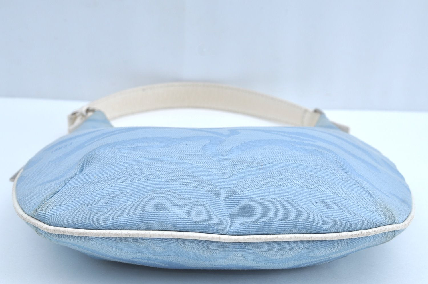 Authentic FENDI Tiger Motif Hand Shoulder Bag Canvas Leather Light Blue K5970