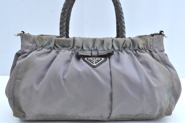 Authentic PRADA Nylon Tessuto Leather 2Way Shoulder Hand Bag Purse Gray K5982