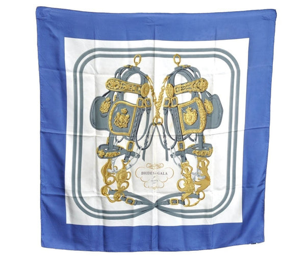 Authentic HERMES Carre 90 Scarf "BRIDES de GALA par" Silk Blue K5984