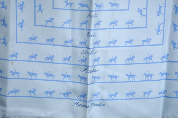 Authentic HERMES Petit Carre 40 Scarf "Saut Galop Canter Rack" Silk Blue K5989