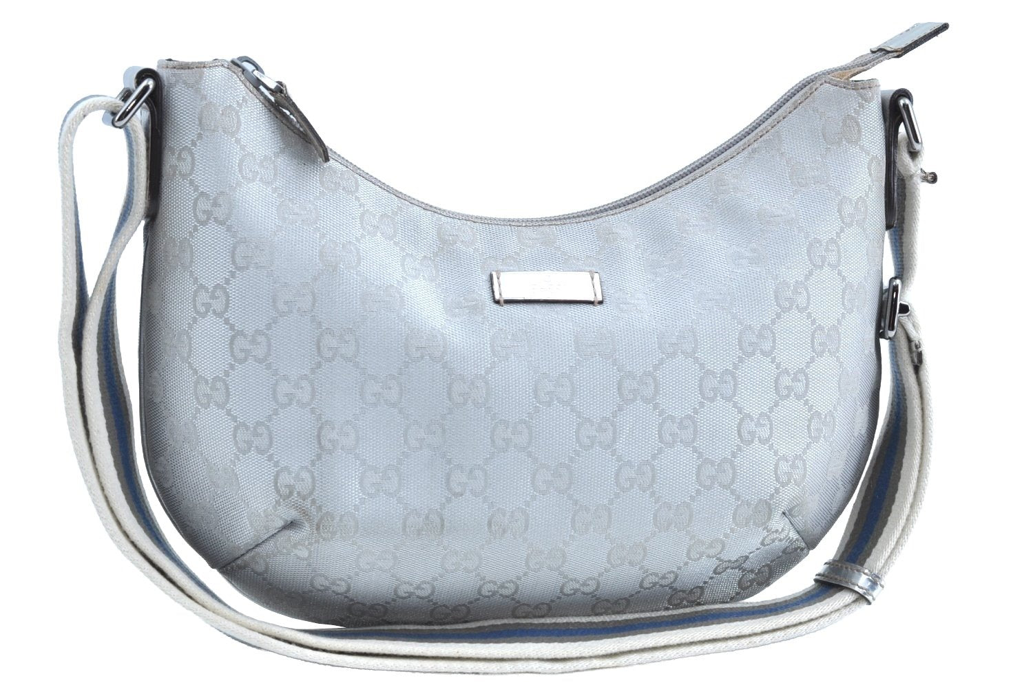 Authentic GUCCI Sherry Line Shoulder Bag GG Canvas Leather 192756 Silver K6001