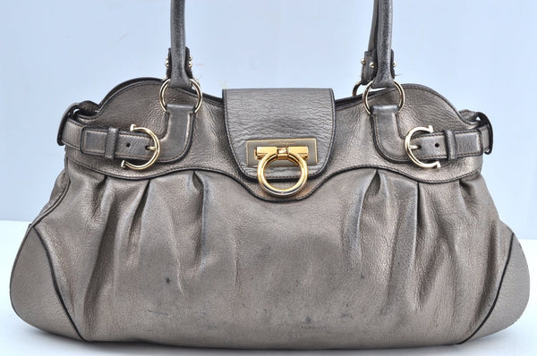 Authentic Salvatore Ferragamo Gancini Leather Shoulder Tote Bag Silver K6002