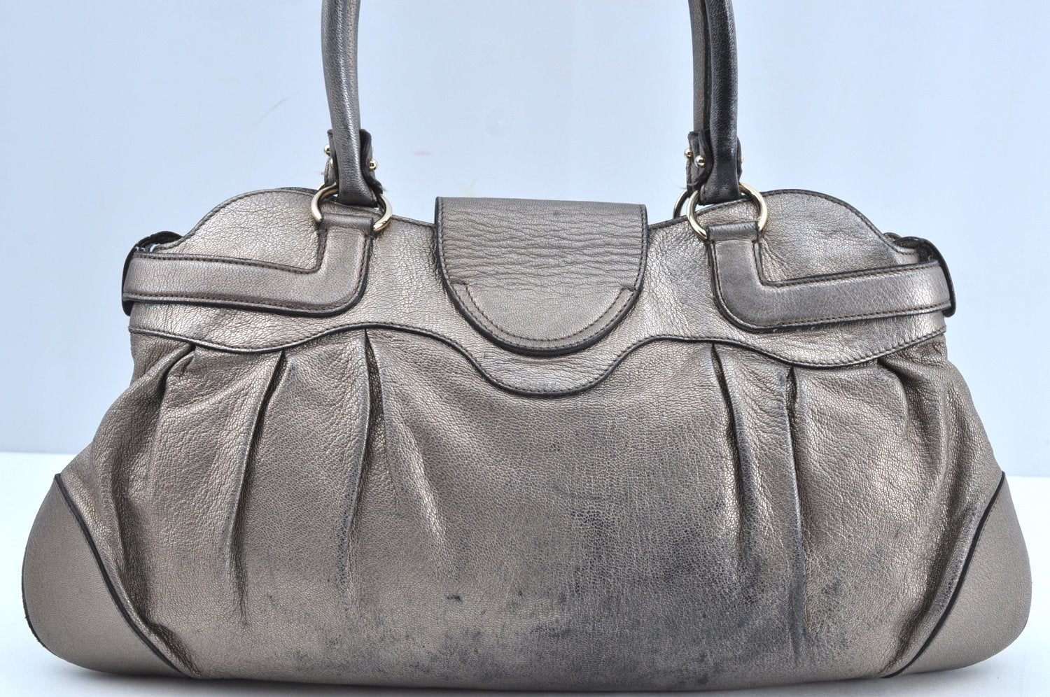 Authentic Salvatore Ferragamo Gancini Leather Shoulder Tote Bag Silver K6002